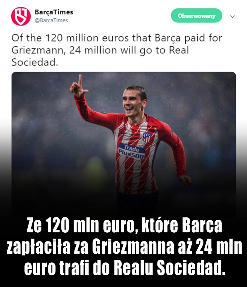 Real Sociedad dostanie 24 mln euro za transfer Griezmanna do Barcy!